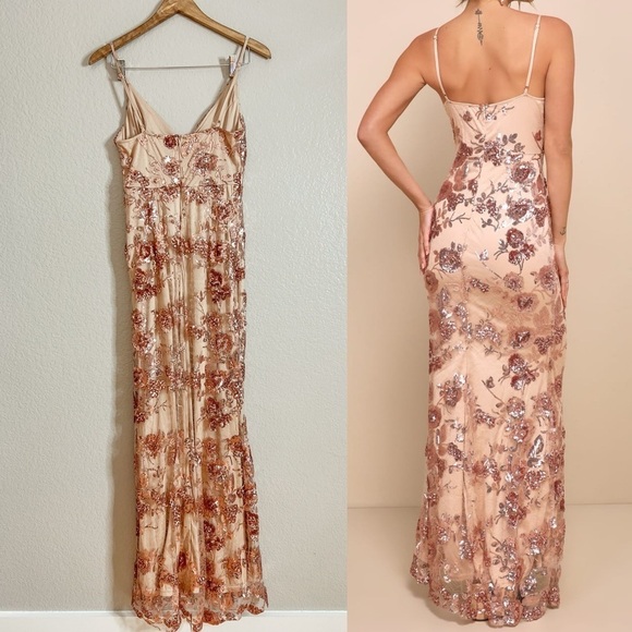 NWOT Shine Language Rose Gold Sequin Mermaid Maxi Dress - Picture 3 of 8